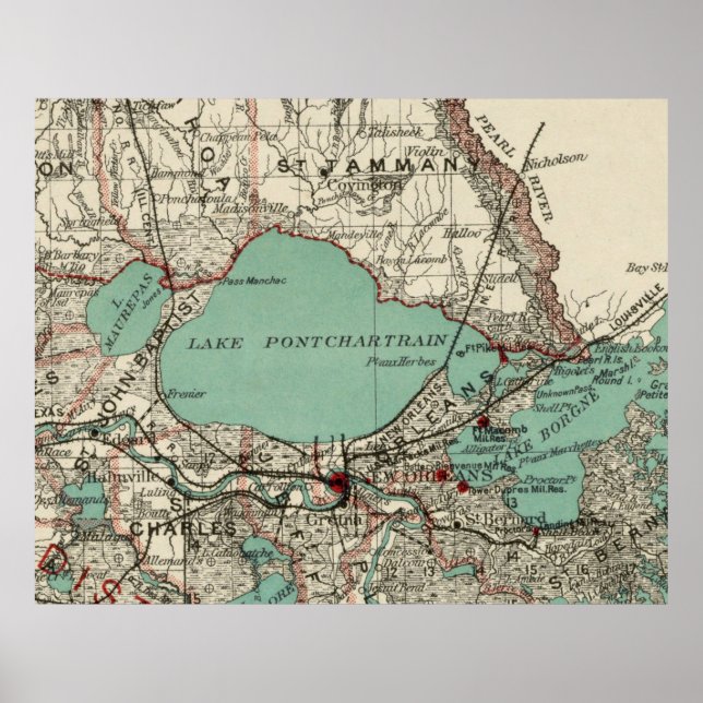 Vintage Map of Lake Pontchartrain (1887) Poster (Front)