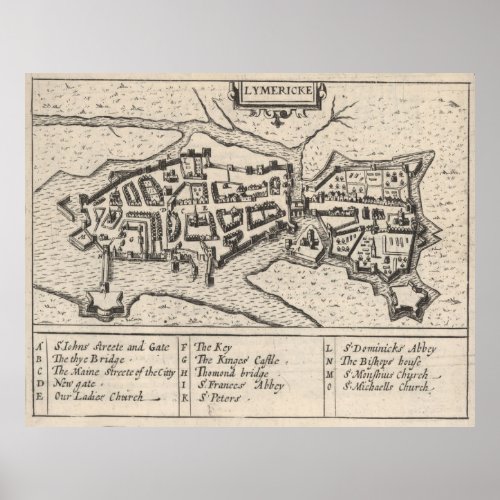 Vintage Map of Limerick Ireland 1618 Poster