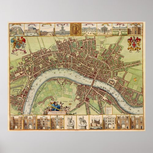Vintage Map of London 17th Century Poster