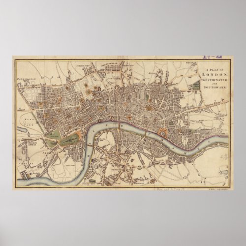 Vintage Map of London England 1807 Poster