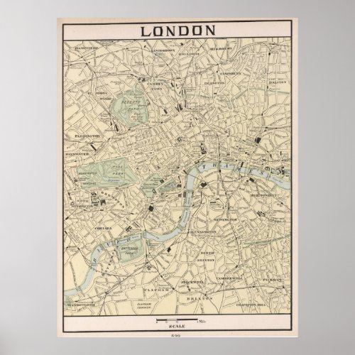 Vintage Map of London England 1901 Poster