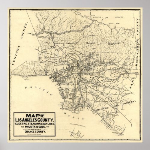 Vintage Map of Los Angeles County California 1912 Poster