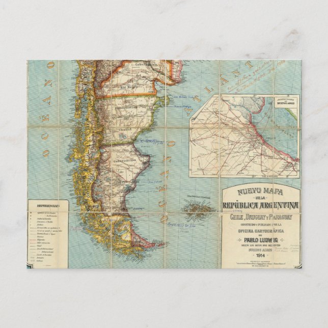 Vintage Map of Lower South America (1914) Postcard (Front)