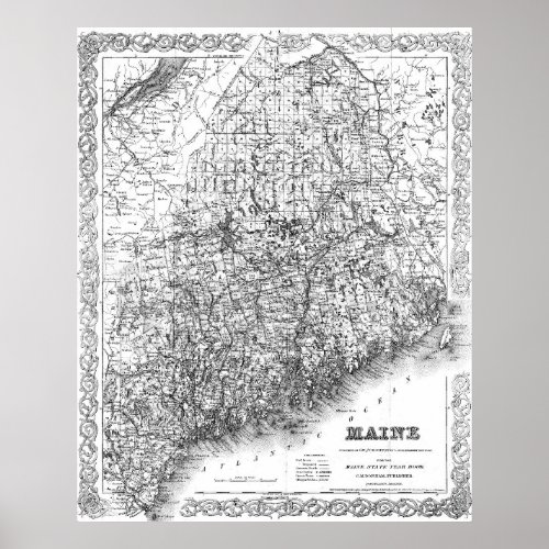 Vintage Map of Maine 1894 BW Poster