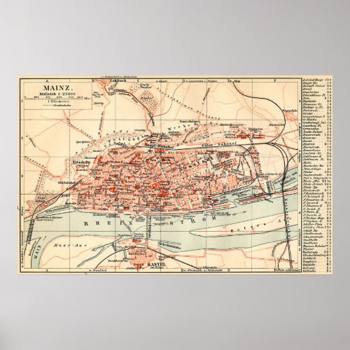 Vintage Map of Mainz Germany 1905 Poster