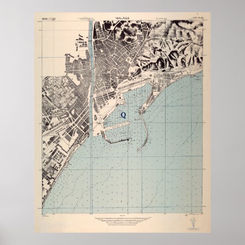 Vintage Map of Malaga Spain 1943 Poster