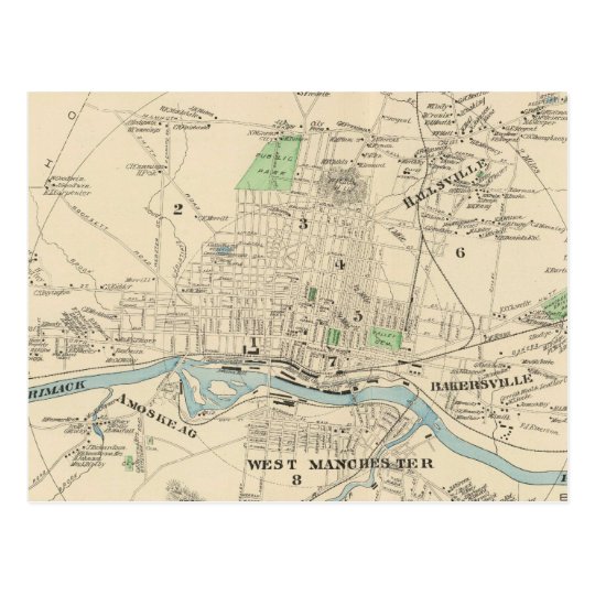 Vintage Map of Manchester NH (1892) Postcard | www.semashow.com