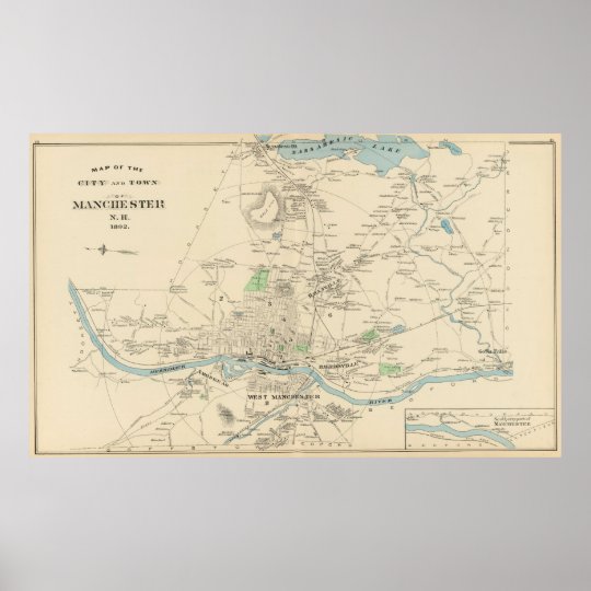 Vintage Map Of Manchester Nh 1892 Poster Zazzle Com