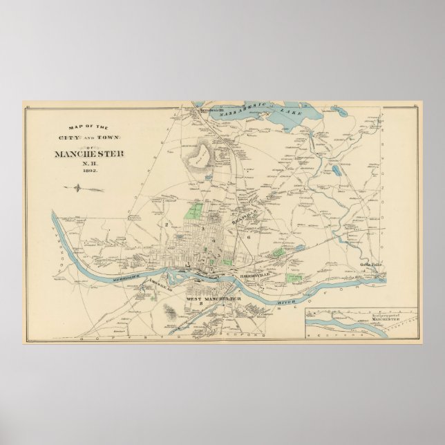 Vintage Map of Manchester NH (1892) Poster (Front)