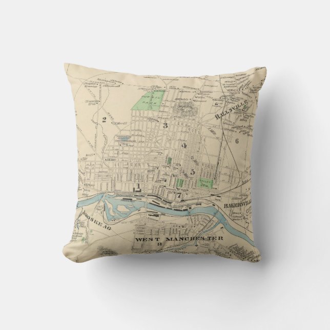 Vintage Map of Manchester NH (1892) Throw Pillow (Front)