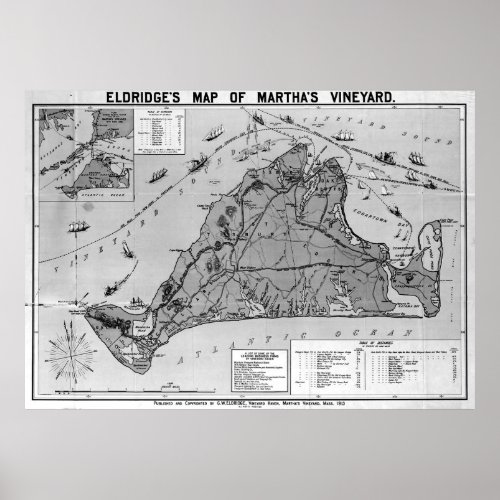 Vintage Map of Marthas Vineyard 1913 BW Poster