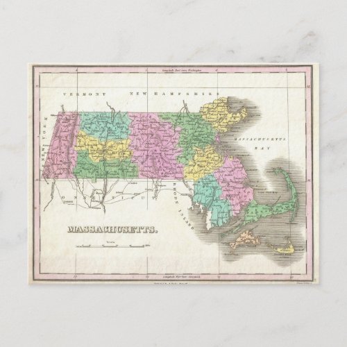 Vintage Map of Massachusetts 1827 Postcard
