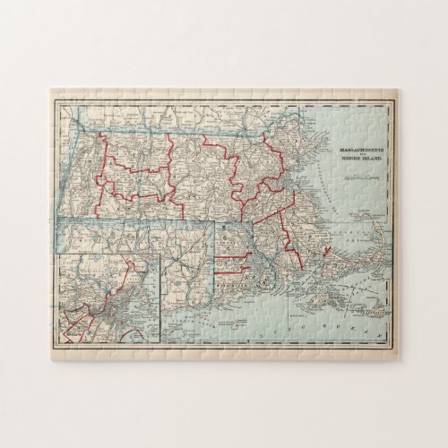 Vintage Map of Massachusetts  Rhode Island 1893 Jigsaw Puzzle