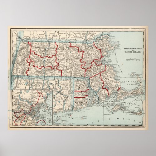 Vintage Map of Massachusetts  Rhode Island 1893 Poster