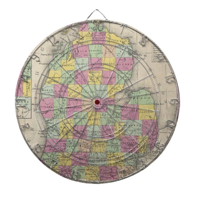Vintage Map of Michigan (1853) Dartboard With Darts (Front)