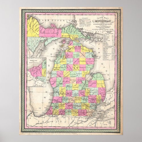 Vintage Map of Michigan 1853 Poster
