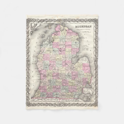 Vintage Map of Michigan 1855 Fleece Blanket