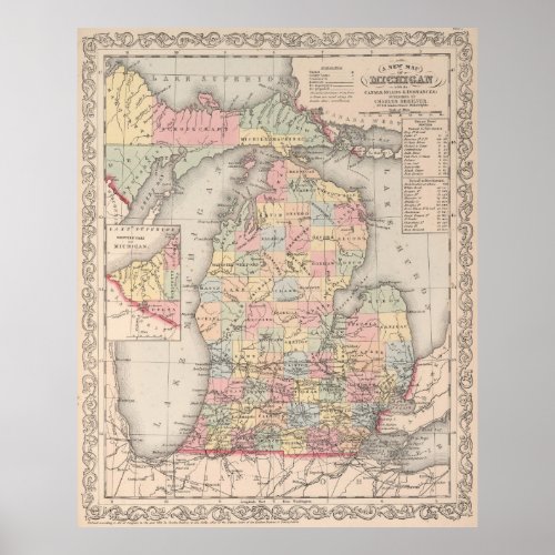 Vintage Map of Michigan 1857 Poster