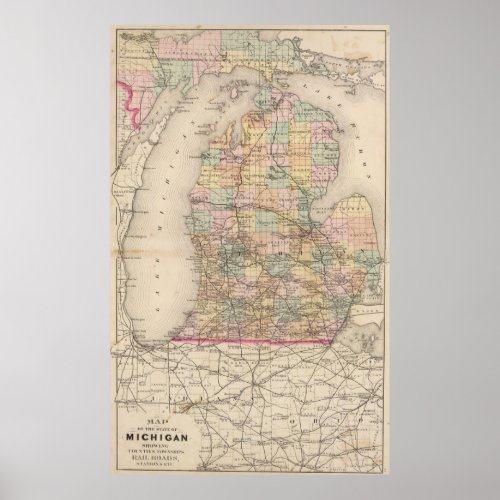 Vintage Map of Michigan 1873 Poster