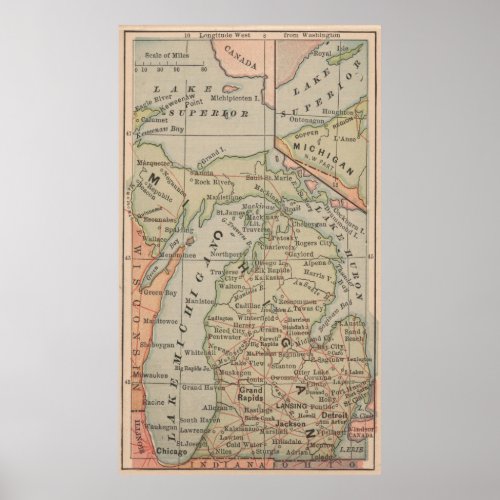 Vintage Map of Michigan 1885 Poster