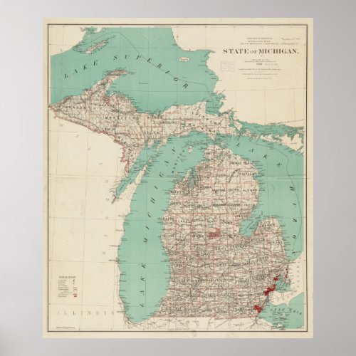 Vintage Map of Michigan 1888 Poster