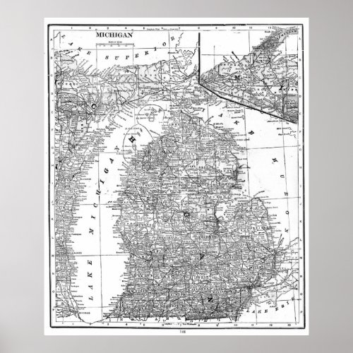 Vintage Map of Michigan 1909 BW Poster