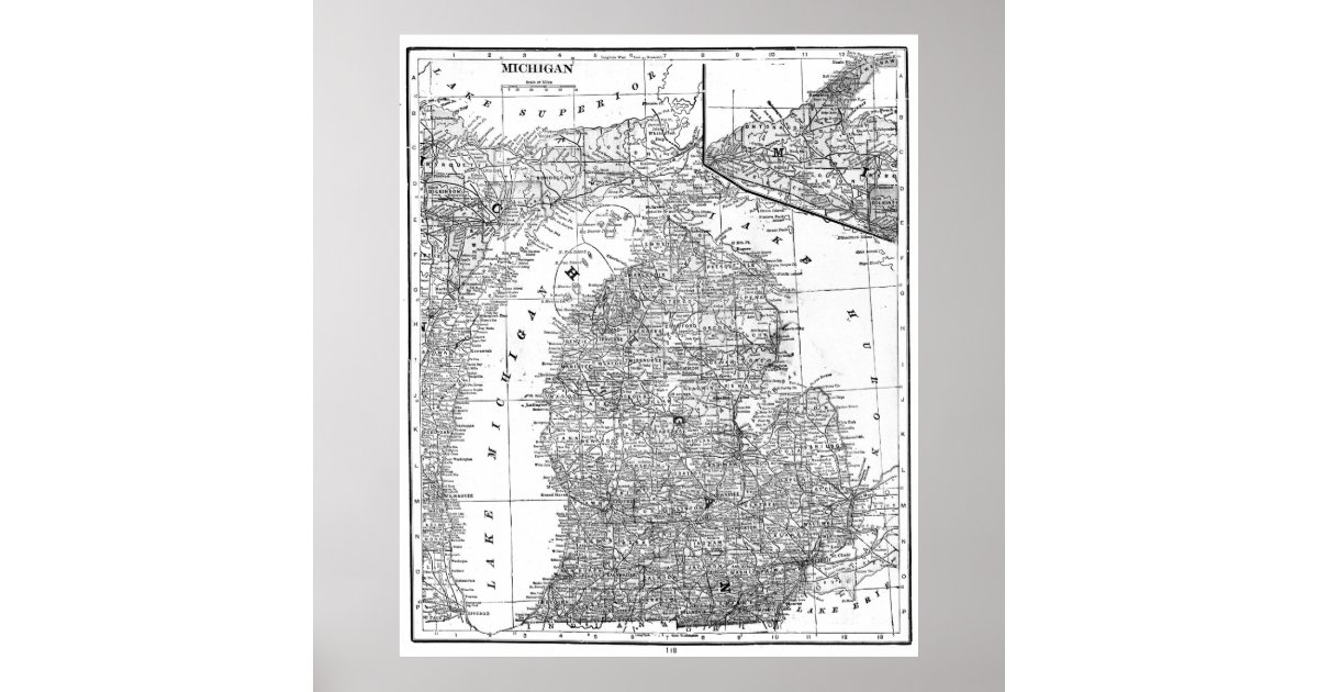 Vintage Map Of Michigan 1909 Bw Poster Zazzle Com