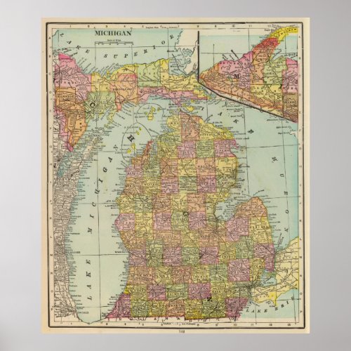 Vintage Map of Michigan 1909 Poster