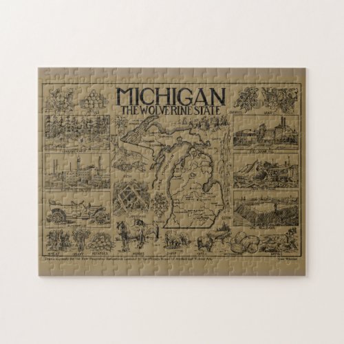 Vintage Map of Michigan 1912 _ Tan Jigsaw Puzzle