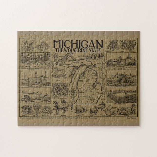 Vintage Map of Michigan (1912) - Tan Jigsaw Puzzle (Horizontal)
