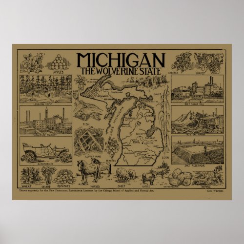 Vintage Map of Michigan 1912 _ Tan Poster