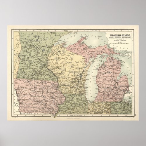 Vintage Map of Mid Western States 1837 Poster