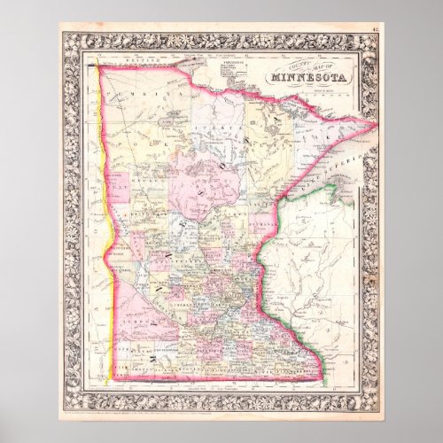 Vintage Map of Minnesota 1864 Poster
