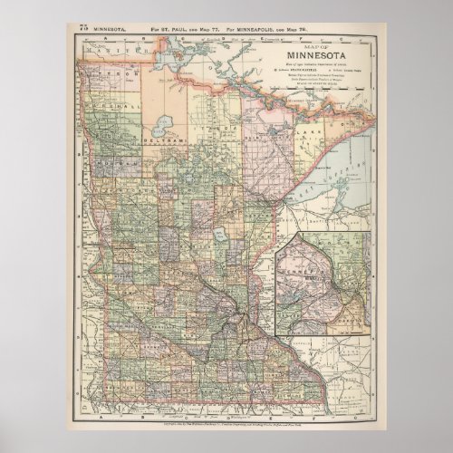 Vintage Map of Minnesota 1891 Poster