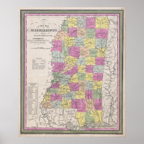 Vintage Map of Mississippi 1853 Poster