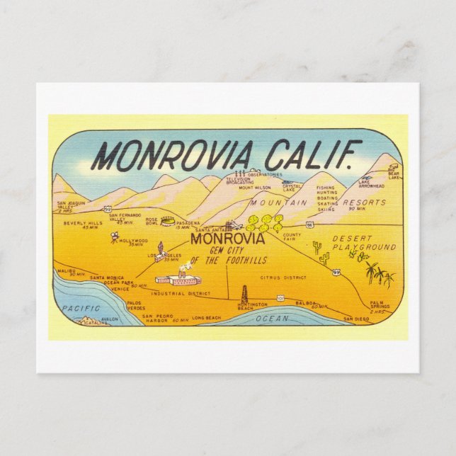 Vintage Map of Monrovia, California, Postcard (Front)