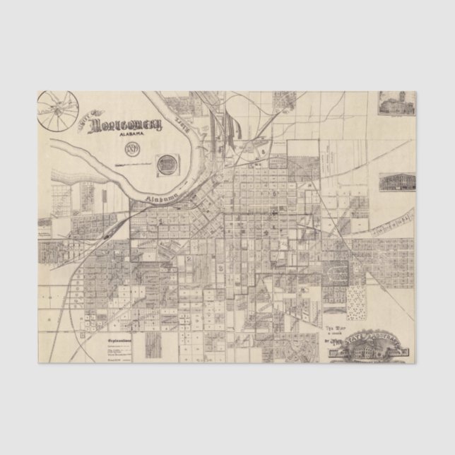 Vintage Map of Montgomery, Alabama (1899) Tissue Paper (Front)