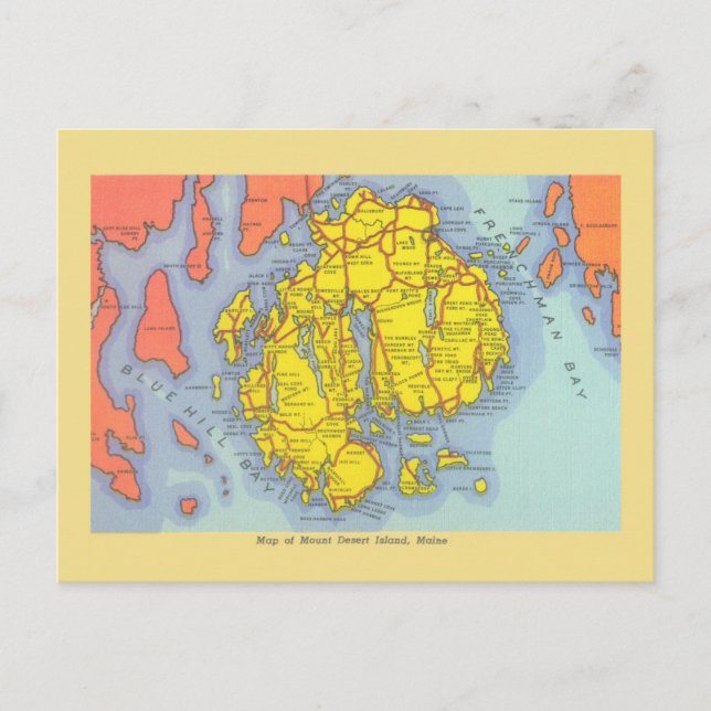 Vintage map of Mount Desert Island, Maine Postcard (Front)