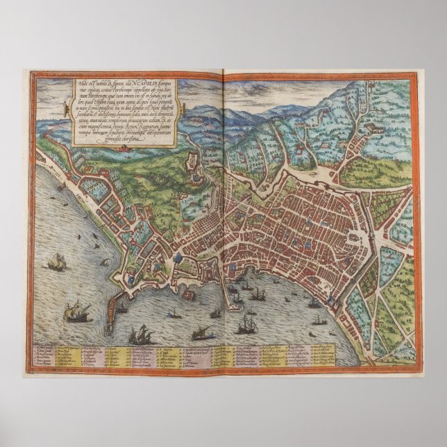 Vintage Map of Naples Italy (1572) Poster (Front)