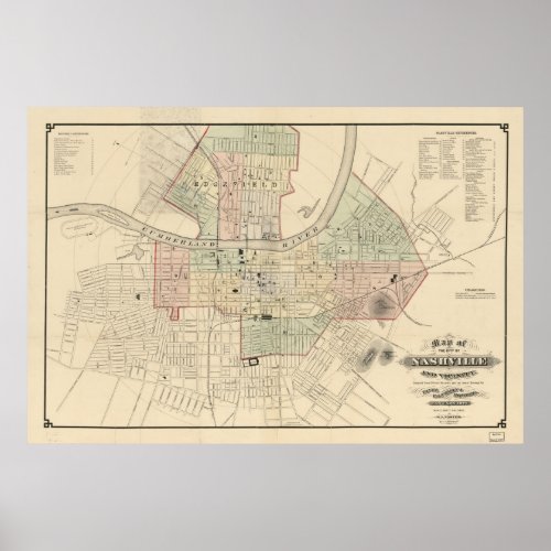 Vintage Map of Nashville Tennessee 1877 Poster