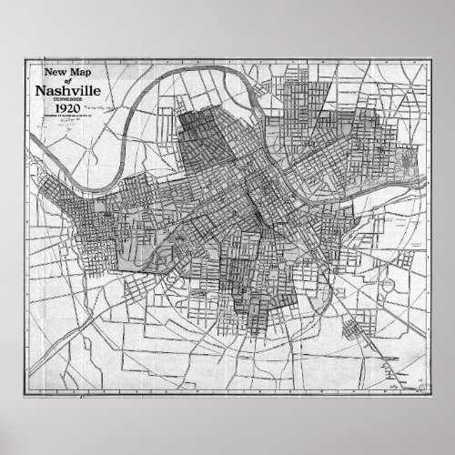 Vintage Map of Nashville Tennessee 1920 BW Poster