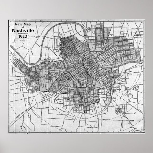 Vintage Map of Nashville Tennessee (1920) BW Poster (Front)