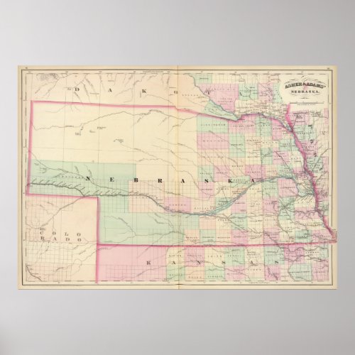 Vintage Map of Nebraska 1874 Poster