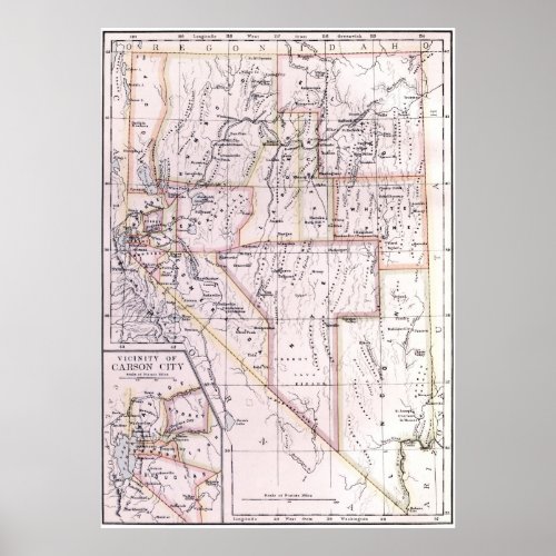 Vintage Map of Nevada 1884 Poster