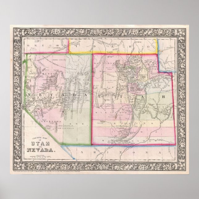 Vintage Map of Nevada and Utah (1866) Poster (Front)