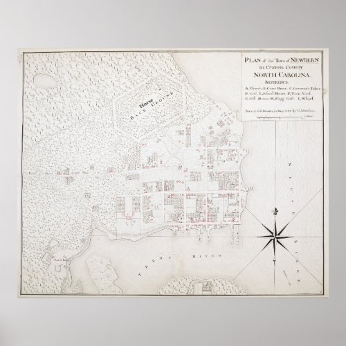 Vintage Map of New Bern NC 1769 Poster