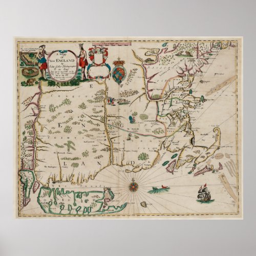 Vintage Map of New England 1675 Poster