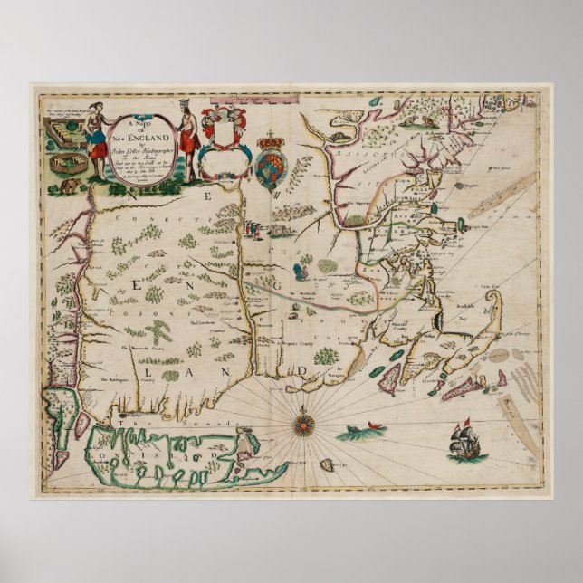 Vintage Map of New England (1675) Poster (Front)