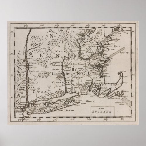 Vintage Map of New England 1681 Poster