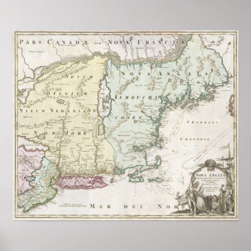 Vintage Map of New England 1716 Poster